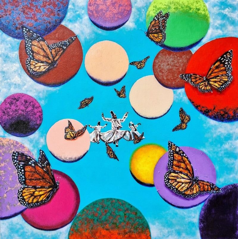 Mosaic Whirling Dervishes Monarch Series' contemporary mixed-media painting by artist Saurab Bhardwaj, 22x22 inch, on canvas