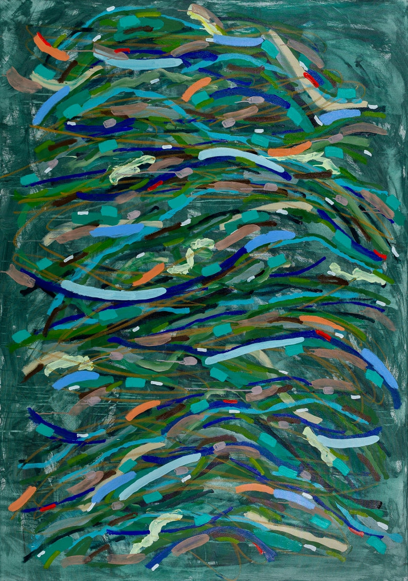 Mossy Lagoon' abstract mixed-media painting by artist Sheena Bajaria, 84x60 inch, on canvas