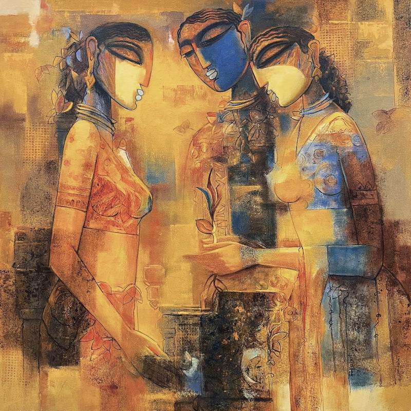 'With-mother' figurative acrylic painting by artist Rajendra Dixit, 32x32 inch, on canvas