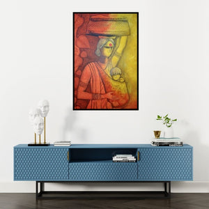 Preview of 'The Mother' Painting by Janaki Injety shown on a wall in a furnished room.