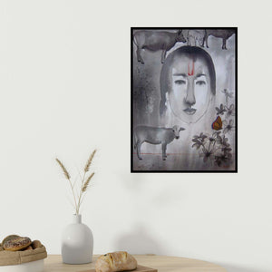 Avi Roy's 'Mother (Inner Sanctum)' painting visualized above a sofa in a contemporary room.