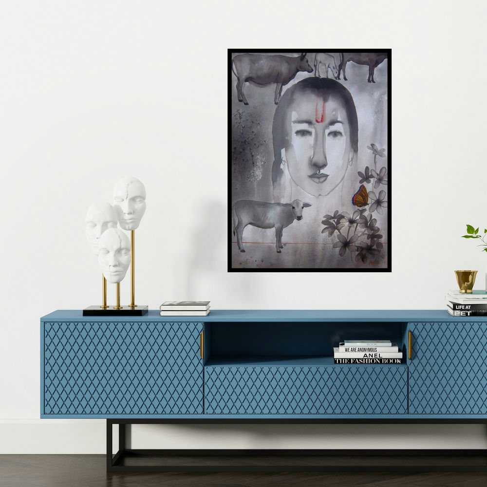 'Mother (Inner Sanctum)' painting by Avi Roy shown on a wall in a furnished room.