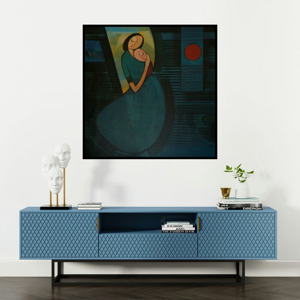 'Mother And Child 1 (Unconditional Love)' painting by Dattatraya Thombare shown on a wall in a furnished room.