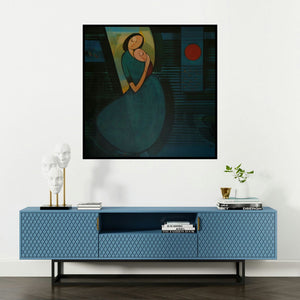 'Mother And Child 1 (Unconditional Love)' painting by Dattatraya Thombare shown on a wall in a furnished room.