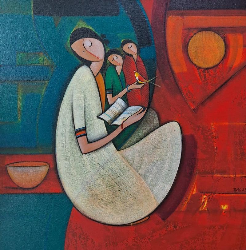 Figurative acrylic painting titled 'Mother And Child 1', 24x24 inches, by artist Dattatraya Thombare on Canvas
