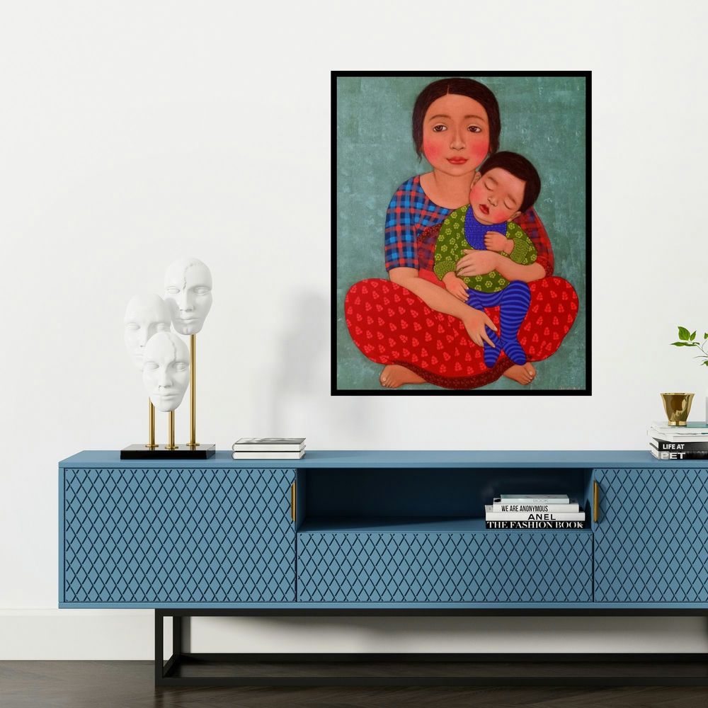 'Mother And Child (The Scholar)' painting by Meena Laishram shown on a wall in a furnished room.