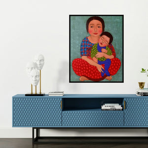 'Mother And Child (The Scholar)' painting by Meena Laishram shown on a wall in a furnished room.
