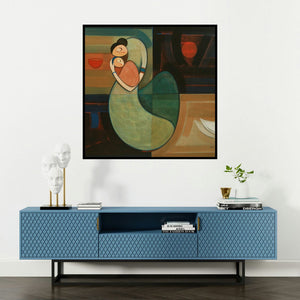 'Mother And Child 2' painting by Dattatraya Thombare shown on a wall in a furnished room.