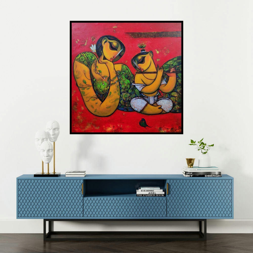 'Mother And Child (Maternal Love)' painting by Ramesh Gujar shown on a wall in a furnished room.