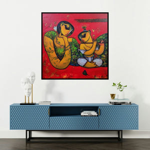 'Mother And Child (Maternal Love)' painting by Ramesh Gujar shown on a wall in a furnished room.
