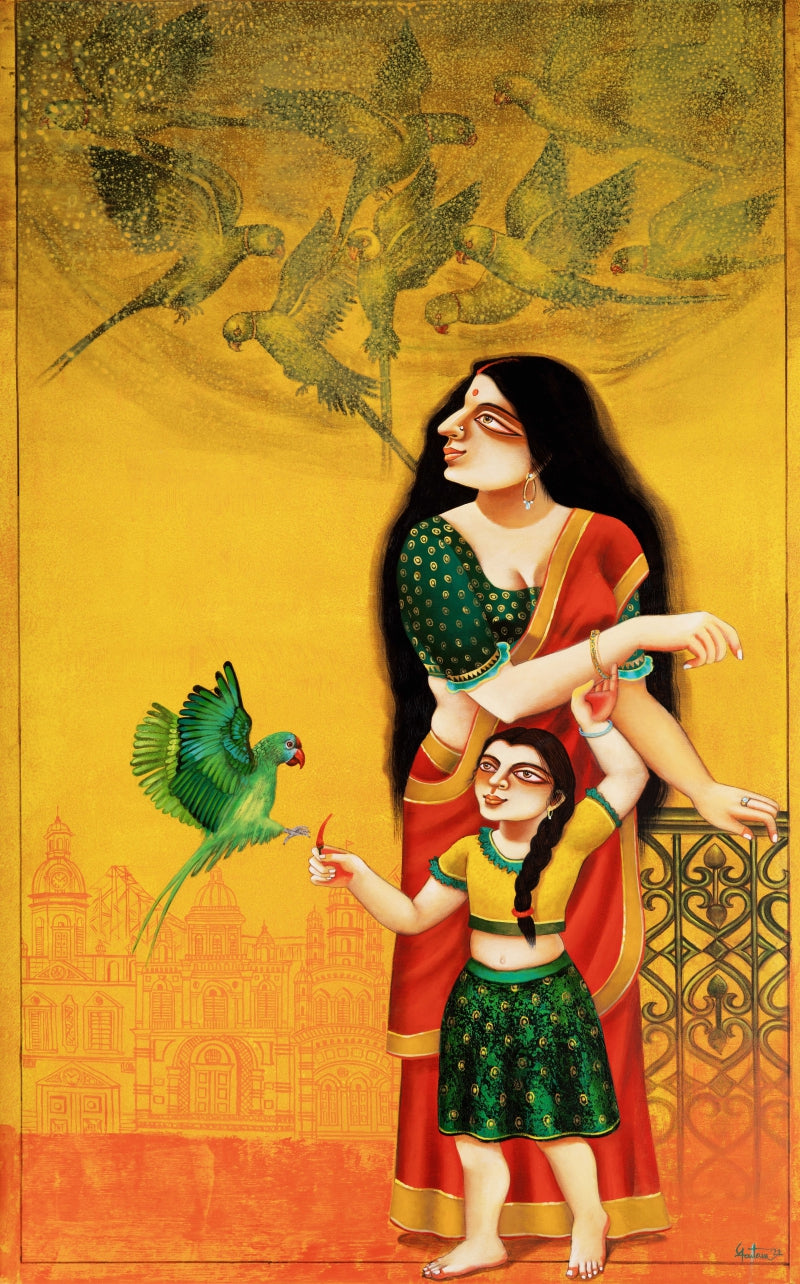 'Mother And Child' figurative acrylic painting by artist Gautam Mukherjee, 60x36 inch, on canvas