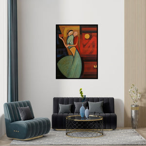 Preview of 'Mother And Child 3' Painting by Dattatraya Thombare shown on a wall in a furnished room.