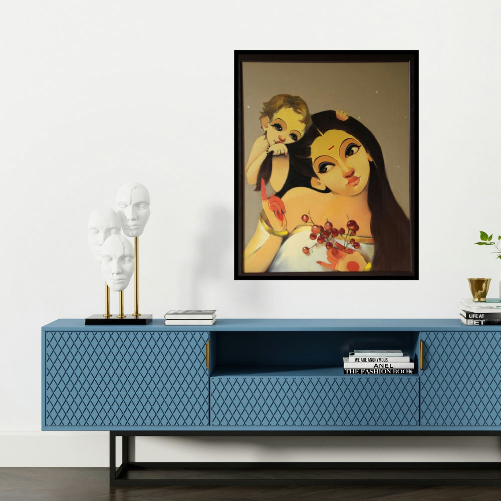 'Mother And Child' painting by Renuka Fulsoundar shown on a wall in a furnished room.