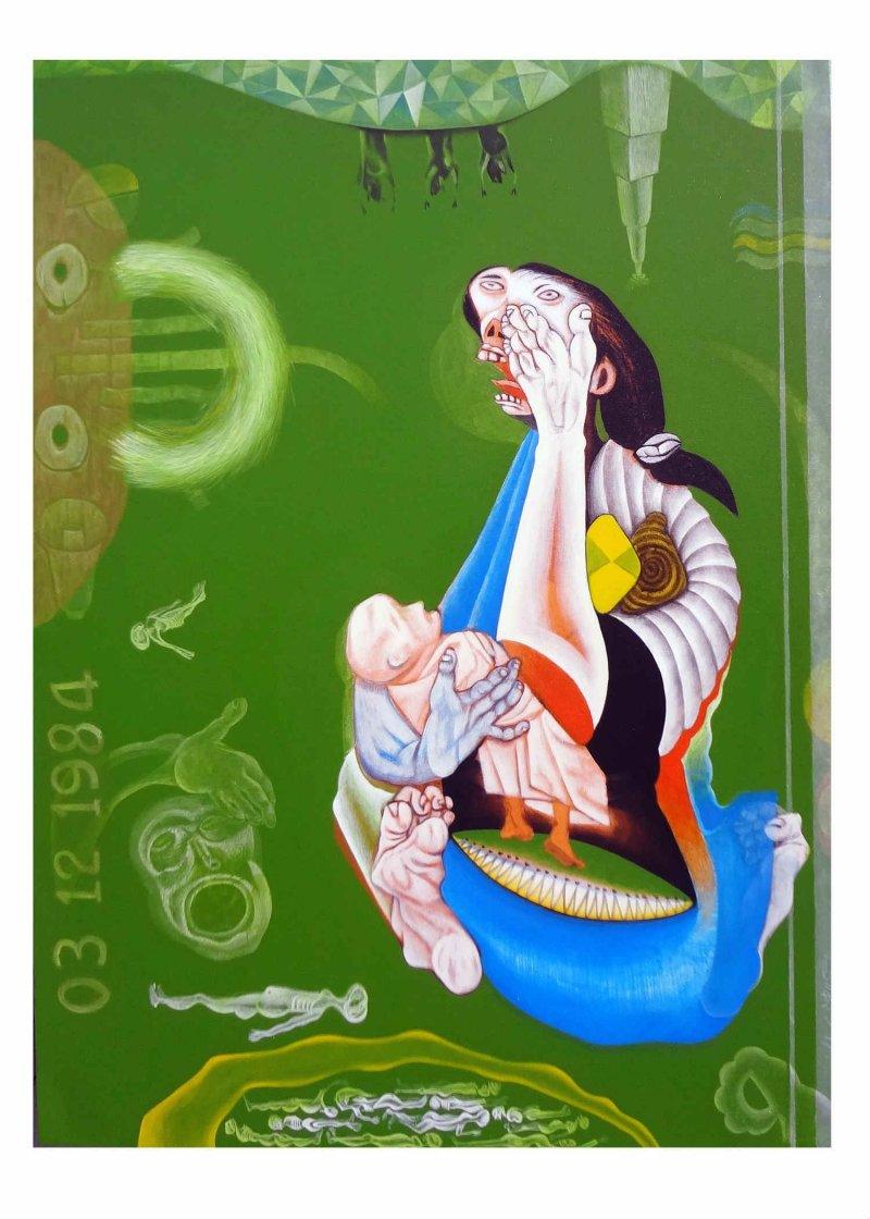 Figurative acrylic painting titled 'Mother & Child II', 48x36 inches, by artist Mahesh Pal Gobra on canvas