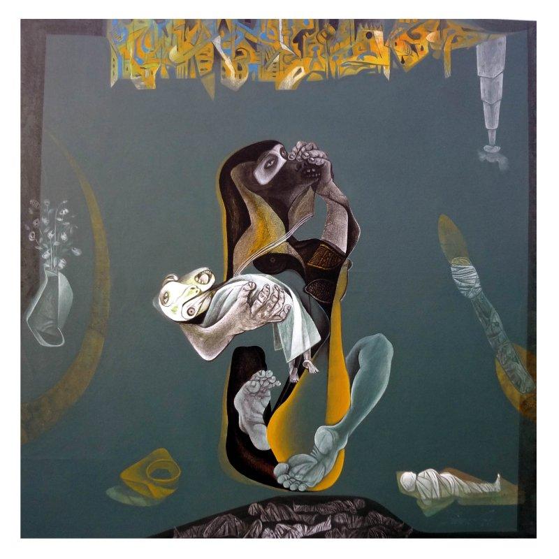 Figurative acrylic painting titled 'Mother & Child IV', 48x48 inches, by artist Mahesh Pal Gobra on canvas