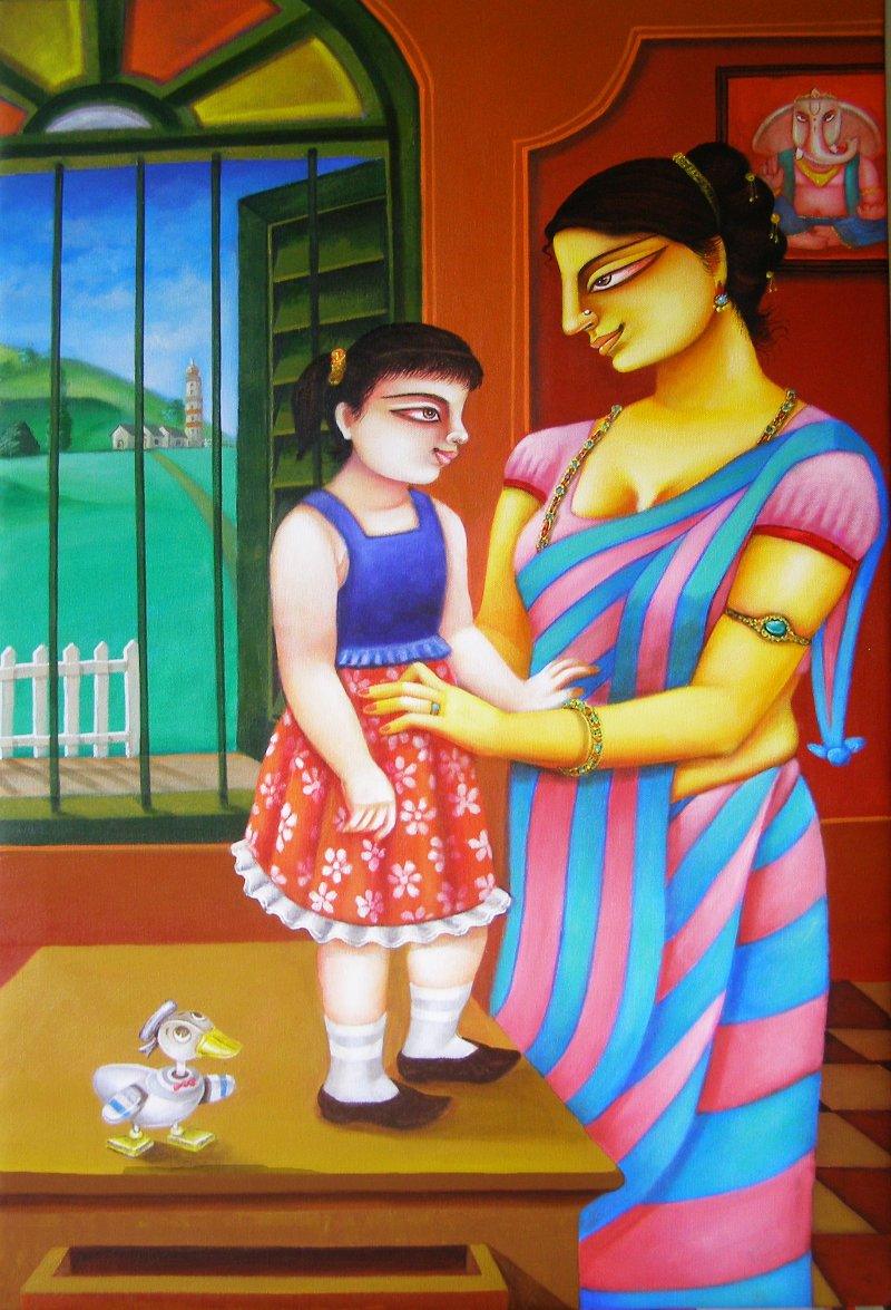 Figurative acrylic painting titled 'Mother and Daughter', 36x24 inches, by artist Gautam Mukherjee on Canvas