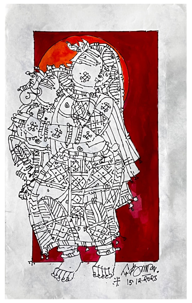 'Mother And Ganesha' religious acrylic painting by artist G Raman, 14x9 inch, on paper