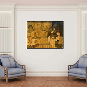 'Mother Child And Toy Seller' painting by Siddharth Shingade shown on a wall in a furnished room.