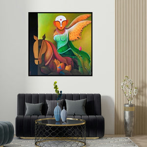 Anupam Pal's 'Mother Earth' painting visualized above a sofa in a contemporary room.