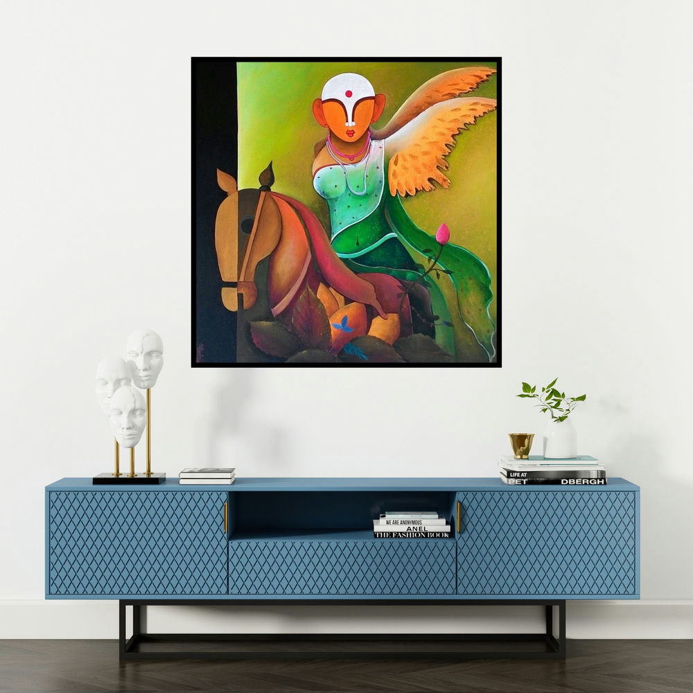 'Mother Earth' painting by Anupam Pal shown on a wall in a furnished room.