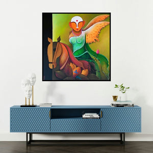 'Mother Earth' painting by Anupam Pal shown on a wall in a furnished room.
