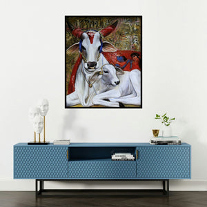 Jiban Biswas's 'Motherhood (Harmony in White)' painting visualized above a sofa in a contemporary room.