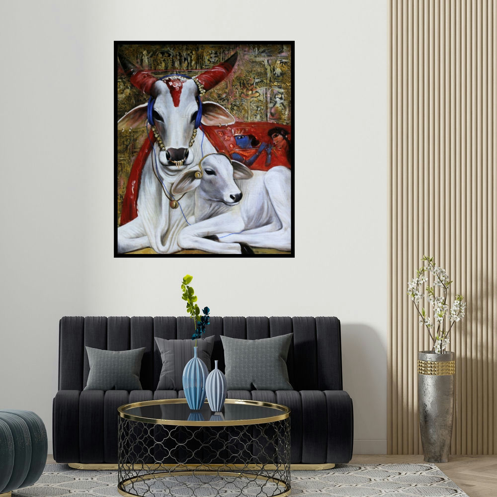 'Motherhood (Harmony in White)' painting by Jiban Biswas shown on a wall in a furnished room.