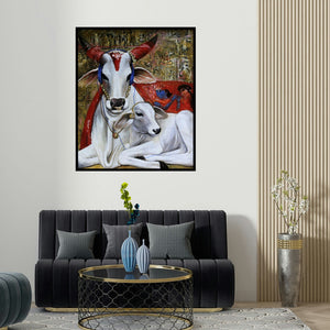 'Motherhood (Harmony in White)' painting by Jiban Biswas shown on a wall in a furnished room.