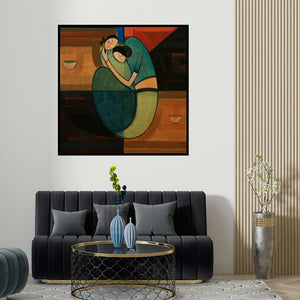 Dattatraya Thombare's 'Motherhood 2' painting visualized above a sofa in a contemporary room.