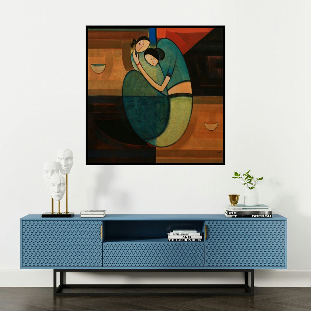 'Motherhood 2' painting by Dattatraya Thombare shown on a wall in a furnished room.