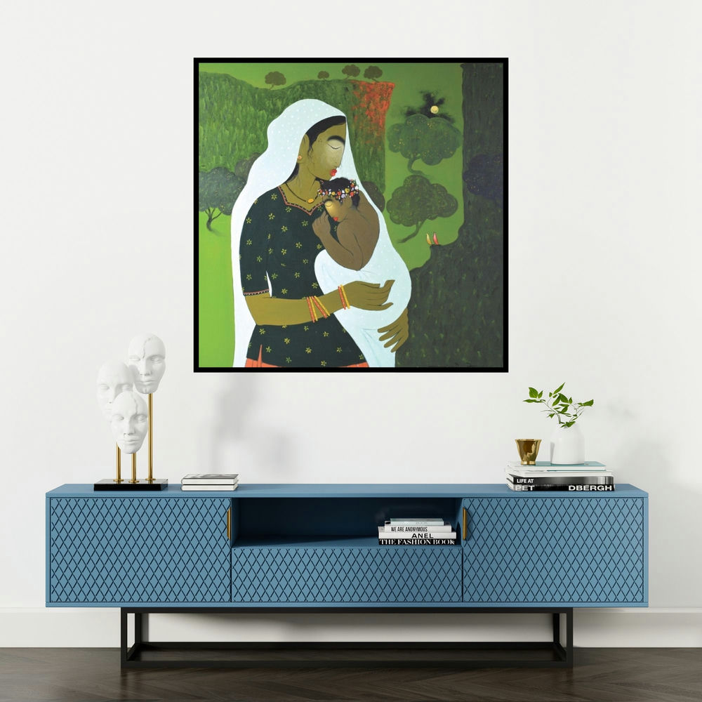 'Motherhood' painting by Sanjay M Khochare shown on a wall in a furnished room.