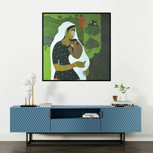'Motherhood' painting by Sanjay M Khochare shown on a wall in a furnished room.