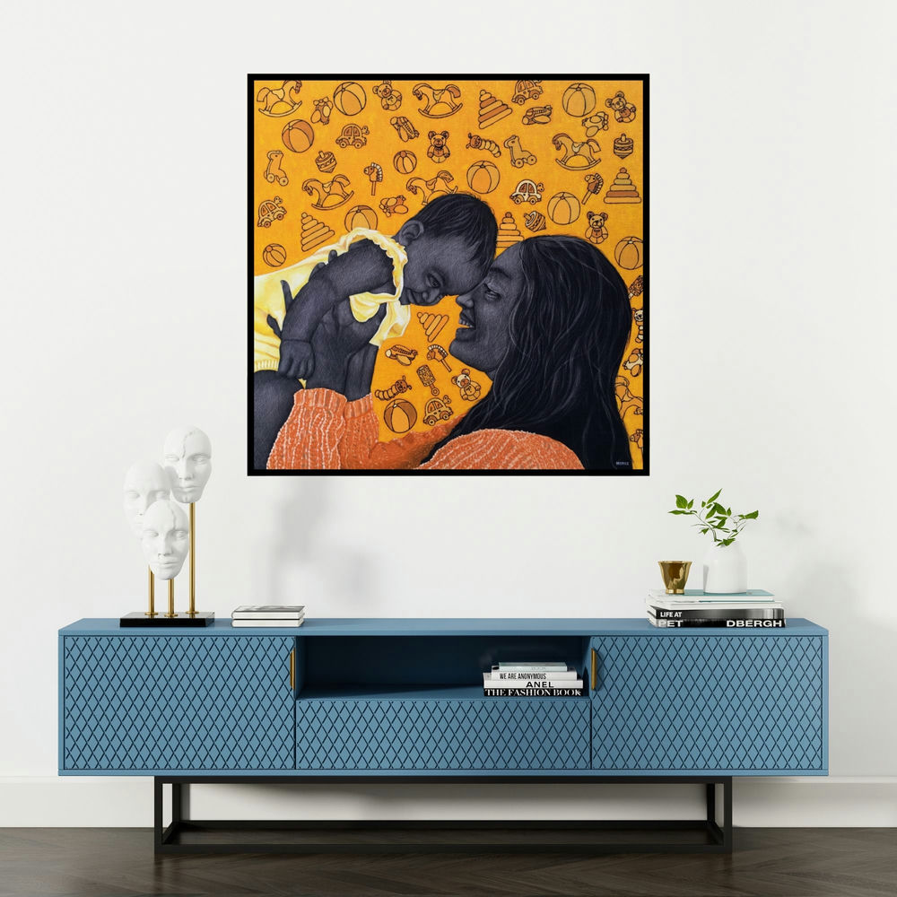 'Motherhood' painting by Deepali S shown on a wall in a furnished room.