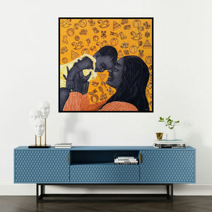 'Motherhood' painting by Deepali S shown on a wall in a furnished room.