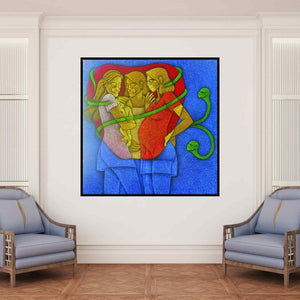 In-situ view of Satyajeet Shinde's 'Motherhood' painting in a room