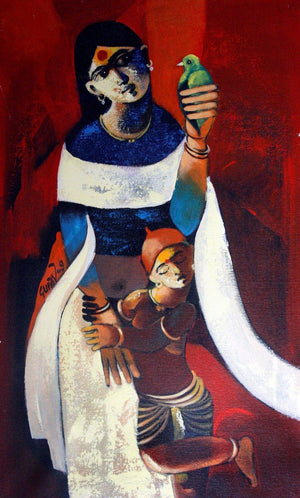Motherly Love (Maternal Affection) by Raosaheb Gurav, Original Acrylic Figurative Painting on Canvas, Small Vertical Wall Art