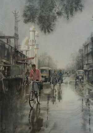 Cityscape watercolor painting titled 'Moudhapara', 30x22 inches, by artist Manish Sharma on Paper