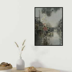 Manish Sharma's 'Moudhapara (Mumbai Street Scene)' painting visualized above a sofa in a contemporary room.