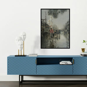 'Moudhapara (Mumbai Street Scene)' painting by Manish Sharma shown on a wall in a furnished room.
