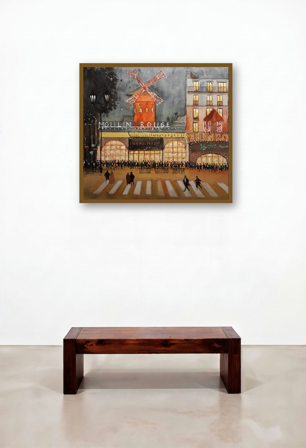 Moulin Rouge At Night (Night at the Moulin Rouge) by artist Arunava Ray displayed in a Mid-Century Modern Bedroom