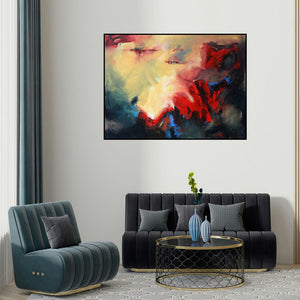 NIkHIl Patil's 'Mountain' painting visualized above a sofa in a contemporary room.