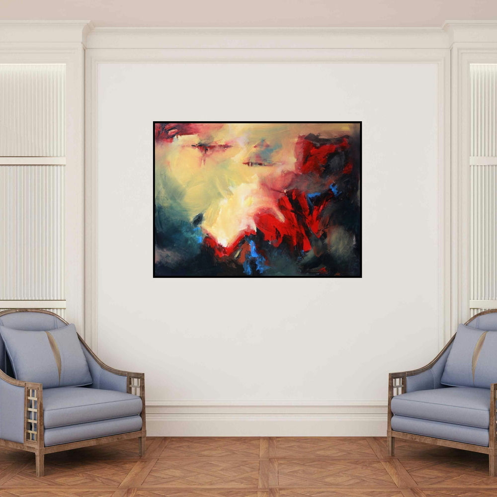 'Mountain' painting by NIkHIl Patil shown on a wall in a furnished room.