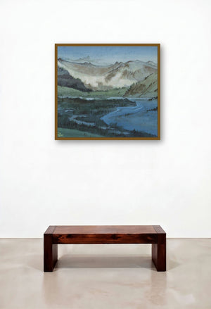 Mountain 1 (Valley Vista) by artist Rina Roy displayed in a Rustic Dining Room