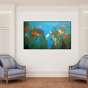 'Mountain Range 10 (Abstract Landscape)' painting by Dnyaneshwar Dhavale shown on a wall in a furnished room.