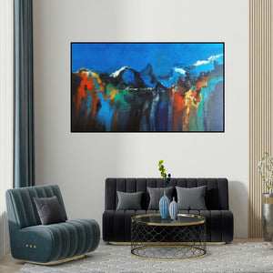 Dnyaneshwar Dhavale's 'Mountain Range 6 (Mountains of Dreams)' painting visualized above a sofa in a contemporary room.