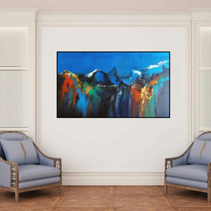 'Mountain Range 6 (Mountains of Dreams)' painting by Dnyaneshwar Dhavale shown on a wall in a furnished room.