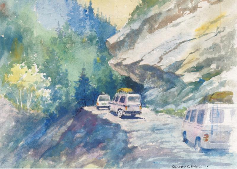 Nature watercolor painting titled 'Mountain Road', 11x14 inches, by artist Sankara Babu on Paper