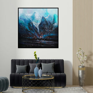 Dnyaneshwar Dhavale's 'Mountains 11 (Icebound Peaks)' painting visualized above a sofa in a contemporary room.
