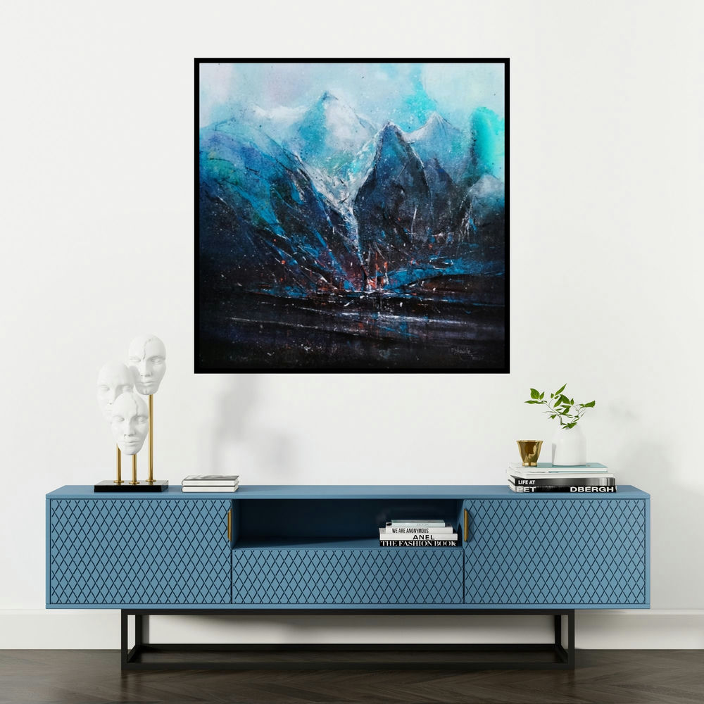 'Mountains 11 (Icebound Peaks)' painting by Dnyaneshwar Dhavale shown on a wall in a furnished room.