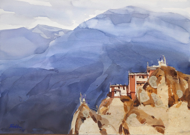 'Mountains Textures That Shape' landscape watercolor painting by artist Prashant Prabhu, 14x20 inch, on paper